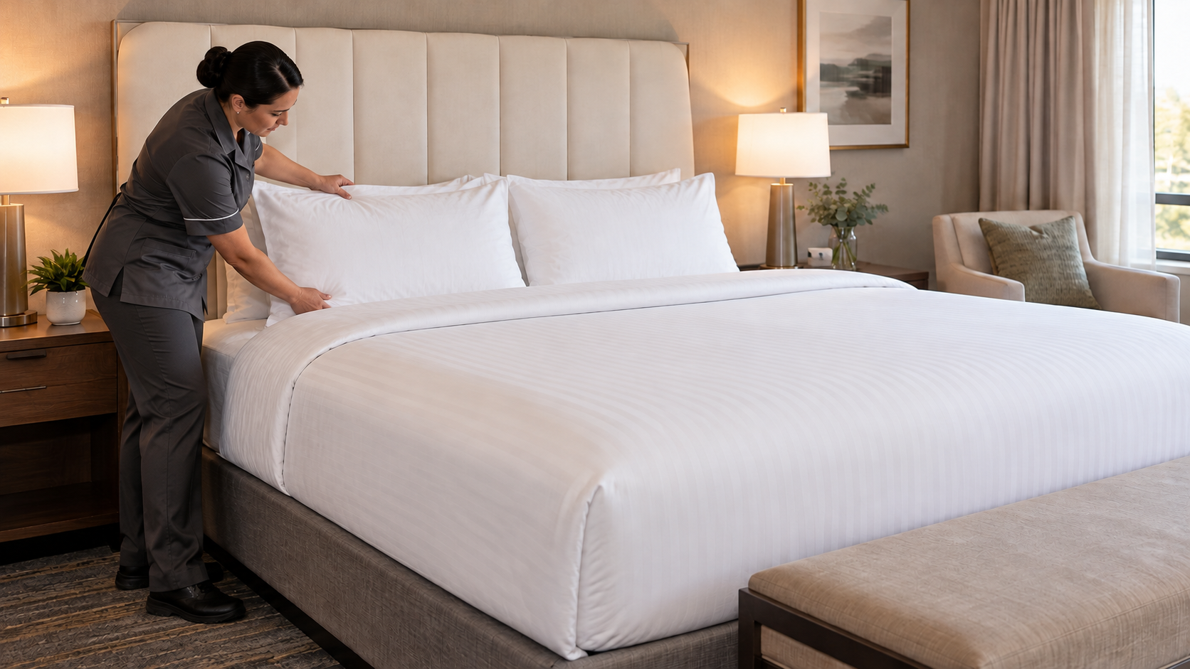 Colaboradora de housekeeping acomoda las almohadas de una cama de hotel